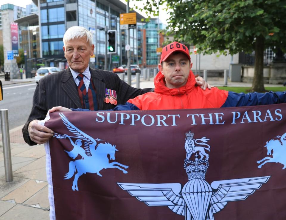 Dennis Hutchings, 80, with supporters as he arrives at Laganside Courts in Belfast (Peter Morrison/PA) (PA Wire)