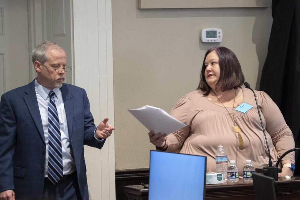 Prosecutor Creighton Waters questions Annette Griswold, Alex Murdaugh's former paralegal, during Murdaugh's double murder trial at the Colleton County Courthouse on Wednesday, Feb. 8, 2023, in Walterboro, S.C. The 54-year-old attorney is standing trial on two counts of murder in the shootings of his wife and son at their Colleton County home and hunting lodge on June 7, 2021. (Andrew J. Whitaker/The Post And Courier via AP, Pool)