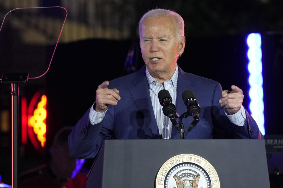 President Joe Biden speaks during a Juneteenth concert on the South Lawn of the White House in Washington, Monday, June 10, 2024. (AP Photo/Susan Walsh)