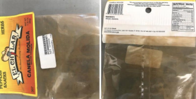 The FDA is urging consumers to toss out six ground cinnamon products, that the agency found are contaminated with lead, including El Chilar, from La Joya Morelense, with lot codes F275EX1026 and D300EX1024. Photo courtesy of FDA