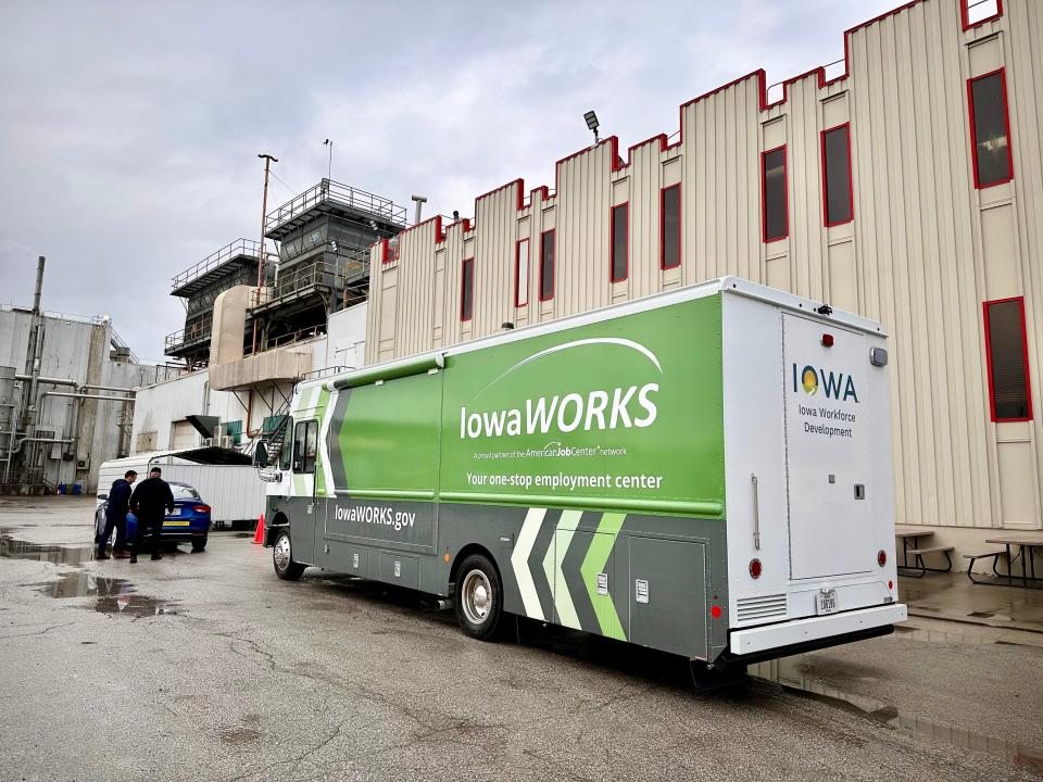 The IowaWORKS Mobile Workforce Center arrives at the Perry Tyson plant on Monday.