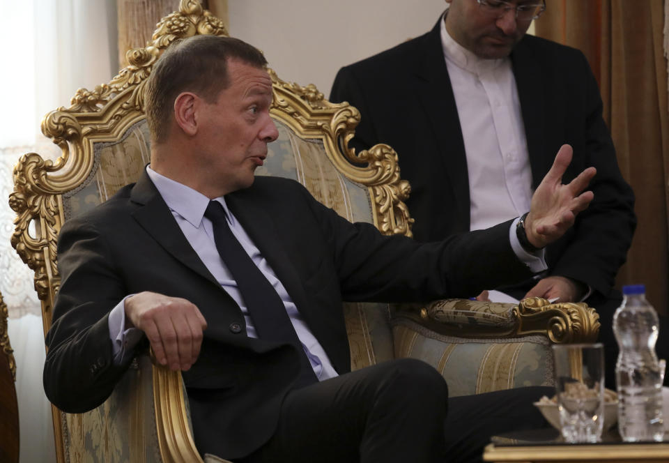 French presidential envoy Emmanuel Bonne talks with Secretary of Iran's Supreme National Security Council Ali Shamkhani during their meeting in Tehran, Iran, Wednesday, July 10, 2019. (AP Photo/Vahid Salemi)