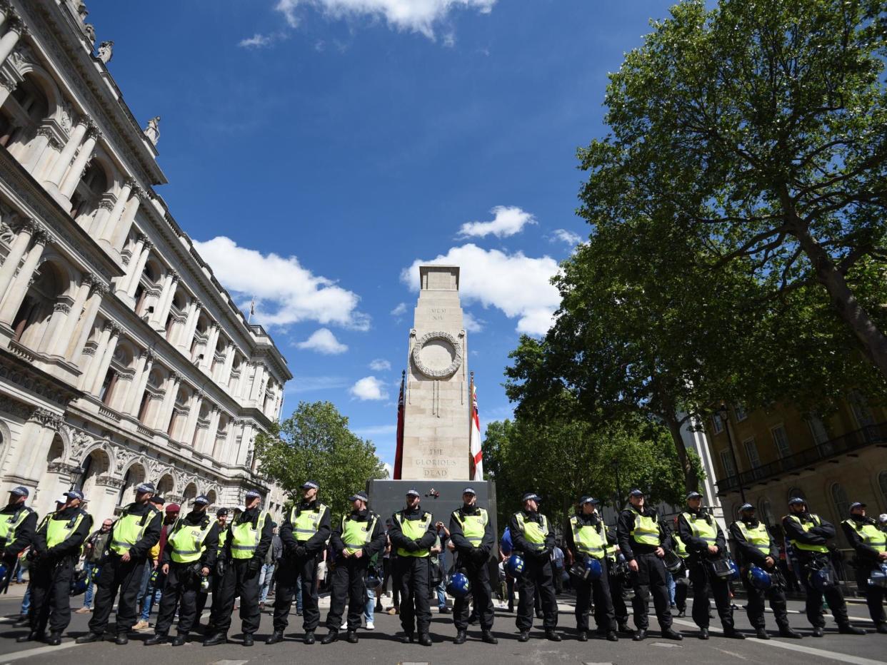 Protesters said their primary goal had been to protect statues - in particular a monument to Winston Churchill and the Cenotaph, pictured: Anadolu Agency/Getty