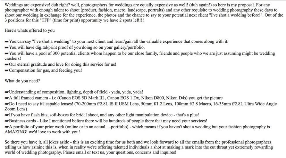 They posted this ad to Craigslist advertising for a free wedding photographer. Photo: Reddit