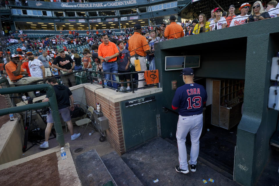 Boston Red Sox manager Alex Cora leaves the field after a baseball game against the Baltimore Orioles, Sunday, Oct. 1, 2023, in Baltimore. The Red Sox won 6-1. (AP Photo/Julio Cortez)