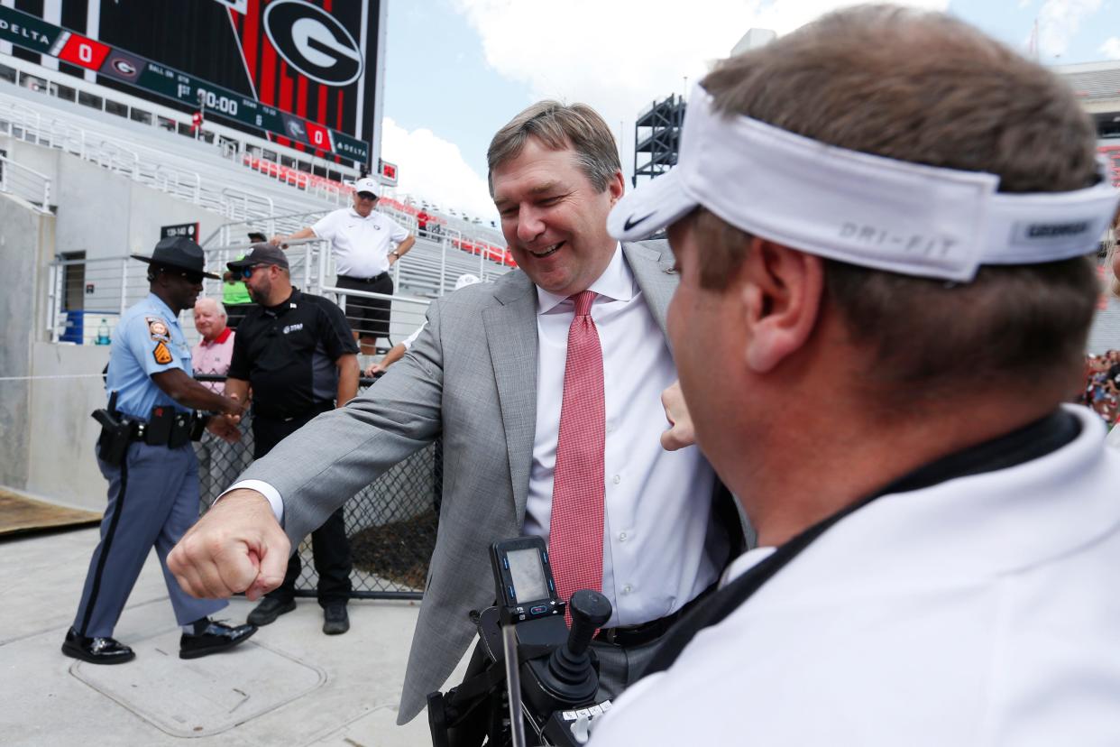 Georgia Bulldogs coach Kirby Smart at the Dawg Walk before kickoff of an NCAA college football game between UAB and Georgia in Athens, Ga., on Sept. 11, 2021.