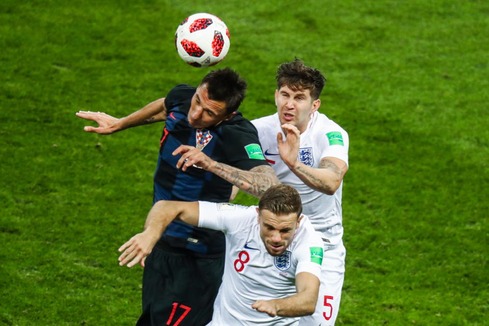 <p>Croatia’s Mario Mandzukic, Englands Jordan Henderson and John Stones (L-R) in their 2018 FIFA World Cup semi-final match at Luzhniki Stadium. Stanislav Krasilnikov/TASS (Photo by Stanislav Krasilnikov\TASS via Getty Images) </p>