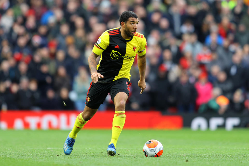 MANCHESTER, ENGLAND - FEBRUARY 23: Troy Deeney of Watford in action during the Premier League match between Manchester United and Watford FC at Old Trafford on February 23, 2020 in Manchester, United Kingdom. (Photo by Richard Heathcote/Getty Images)