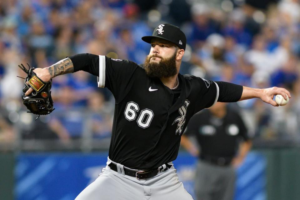 Chicago White Sox starting pitcher Dallas Keuchel throws to a Kansas City Royals batter during the second inning of a baseball game, Friday, Sept. 3, 2021, in Kansas City, Mo. (AP Photo/Reed Hoffmann)