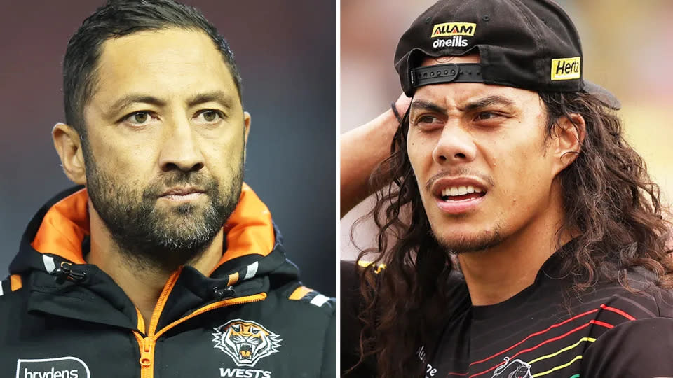 On the left is Wests Tigers coach Benji Marshall and Penrith star Jarome Luai on right.