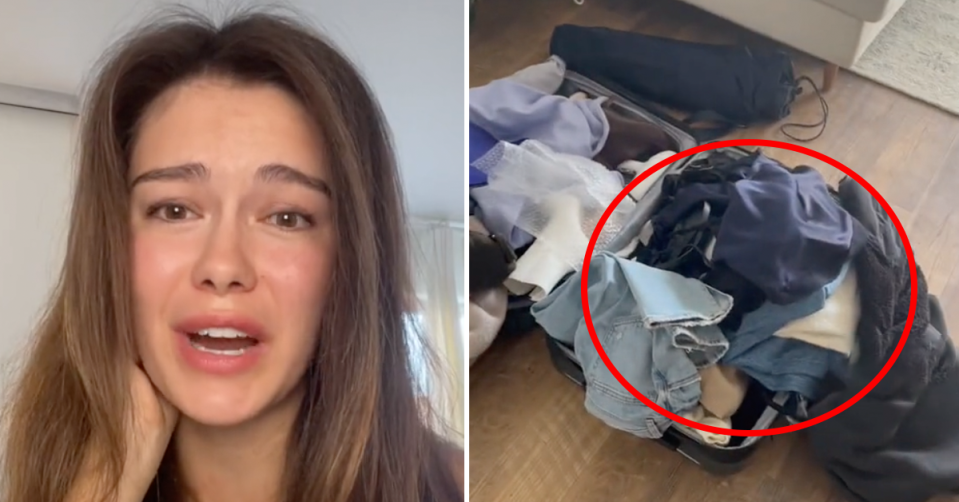 Aly Henry looking distressed (left) with a pile of clothes on her floor (right). 