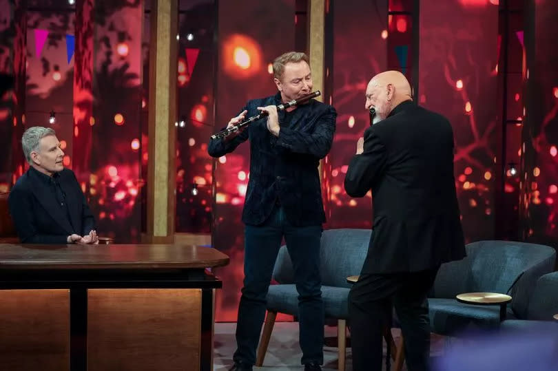 Late Late Show host Patrick Kielty pictured with Michael Flatley and Matt Molloy during the final Late Late Show of the current season