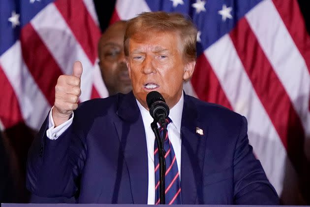 Republican presidential candidate former President Donald Trump speaks at a primary election night party in Nashua, N.H., Tuesday, Jan. 23, 2024. (AP Photo/Pablo Martinez Monsivais)