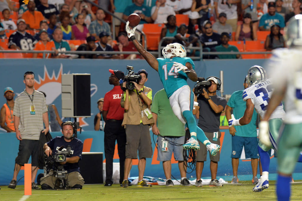 Aug 23, 2014; Miami Gardens, FL, USA; Miami Dolphins wide receiver Jarvis Landry (14) is unable to make a two point conversion catch against the Dallas Cowboys during their game at Sun Life Stadium. Mandatory Credit: Steve Mitchell-USA TODAY Sports