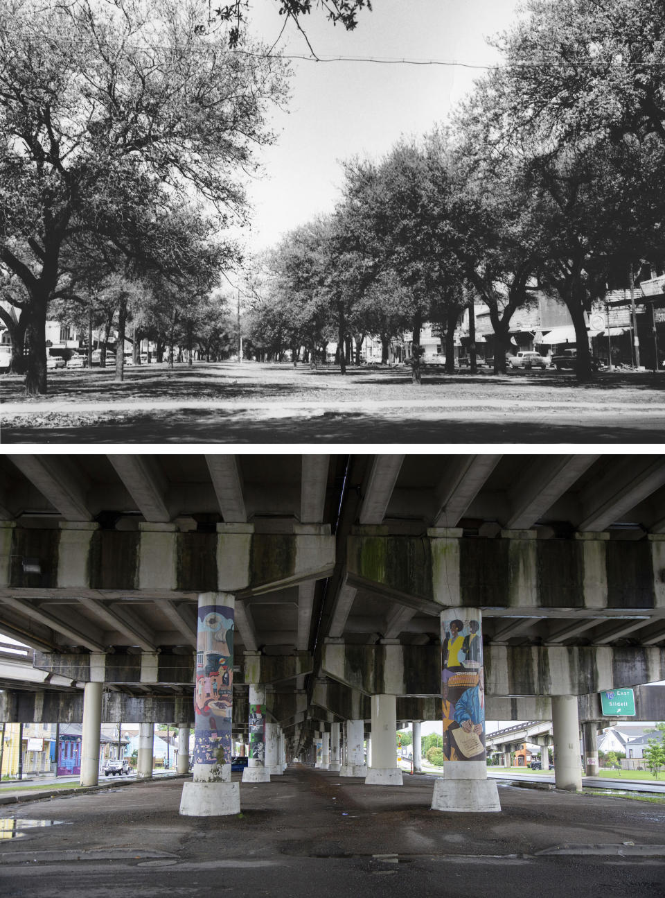 This photo combination shows Claiborne Avenue in New Orleans lined with trees at the intersection with Dumaine Street in an undated photo, top, and the same location on May 11, 2021, bottom, where an elevated expressway built in the late 1960s now runs along Claiborne Ave. (City Archives & Special Collections, New Orleans Public Library, top, and Rebecca Santana, bottom, via AP)