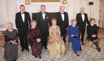 <p>Then-President Bill Clinton poses with George H.W. Bush, Gerald Ford, Jimmy Carter, Barbara Bush, Lady Bird Johnson, then-First Lady Hillary Rodham Clinton, Betty Ford and Rosalynn Carter. The photo was taken in the State Dining Room of the White House on Nov. 9, 2000, to celebrate the 200th anniversary of the White House.</p>