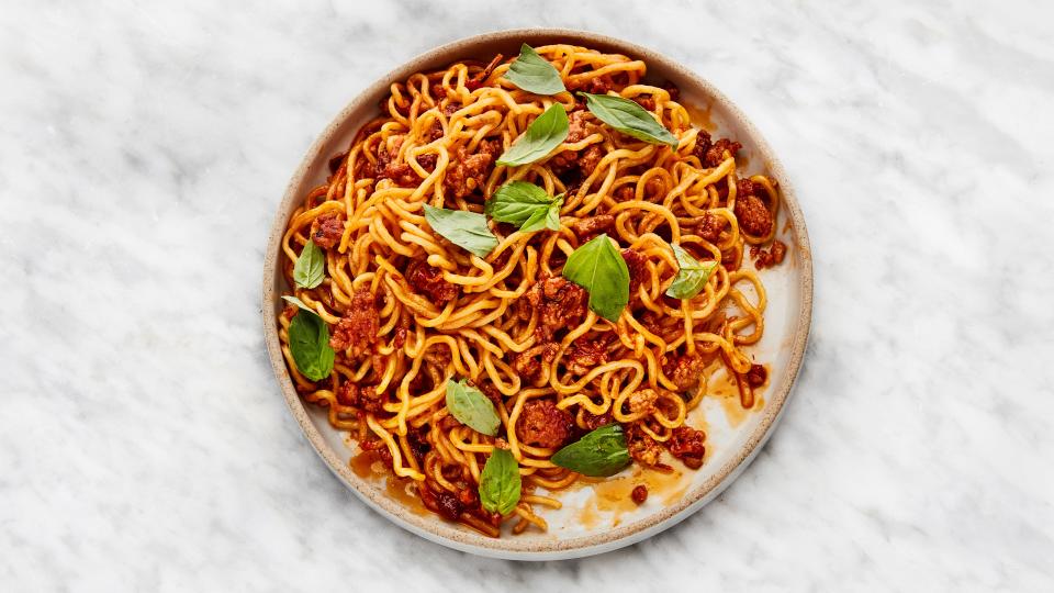 Sambal is the key ingredient in the sauce for these Spicy-Sweet Pork Noodles.