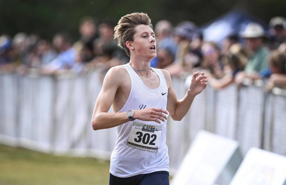 Noah Graffigna of Yosemite High finishes second helping the Badgers place first overall in the Central Section boys Division 5 championship cross country race at Woodward Park on Thursday, Nov. 16, 2023.