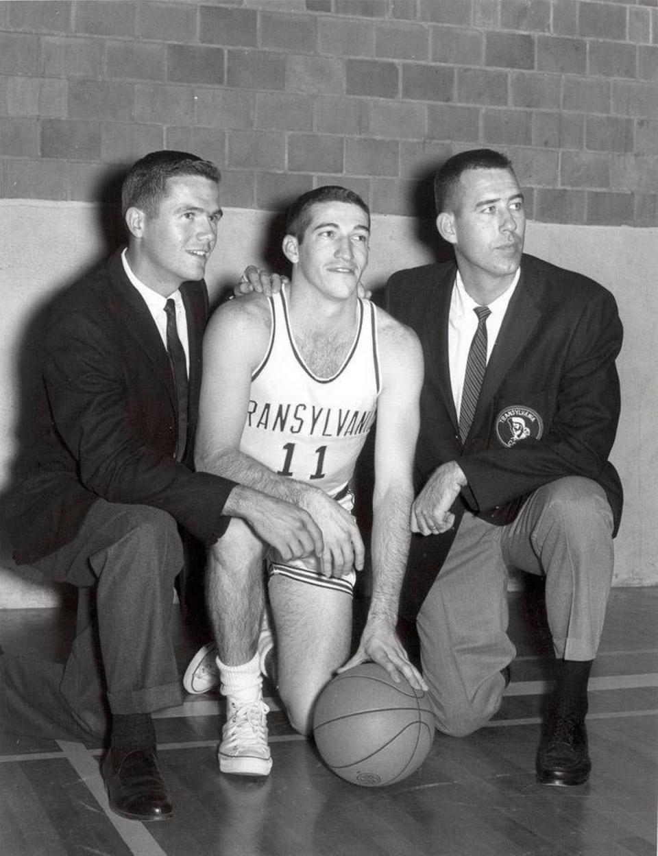 Assistant coach Lee Rose, left, and head coach C.M. Newton, right, posed for a picture before the 1961 Transylvania University basketball season with team captain Jackie Lucas. Rose went on to become the head coach of the Pioneers before moving on to UNC Charlotte, Purdue and South Florida.