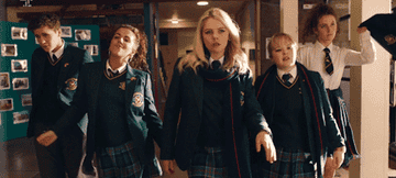 Erin, Orla, James, Michelle, and Clare from "Derry Girls"