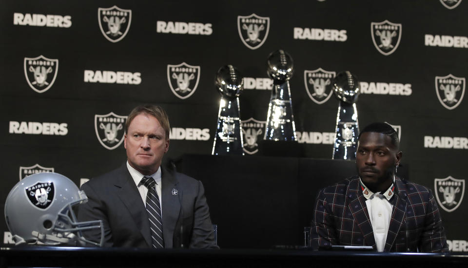 Oakland Raiders coach Jon Gruden, left, and wide receiver Antonio Brown during Brown's introductory press conference. (AP)