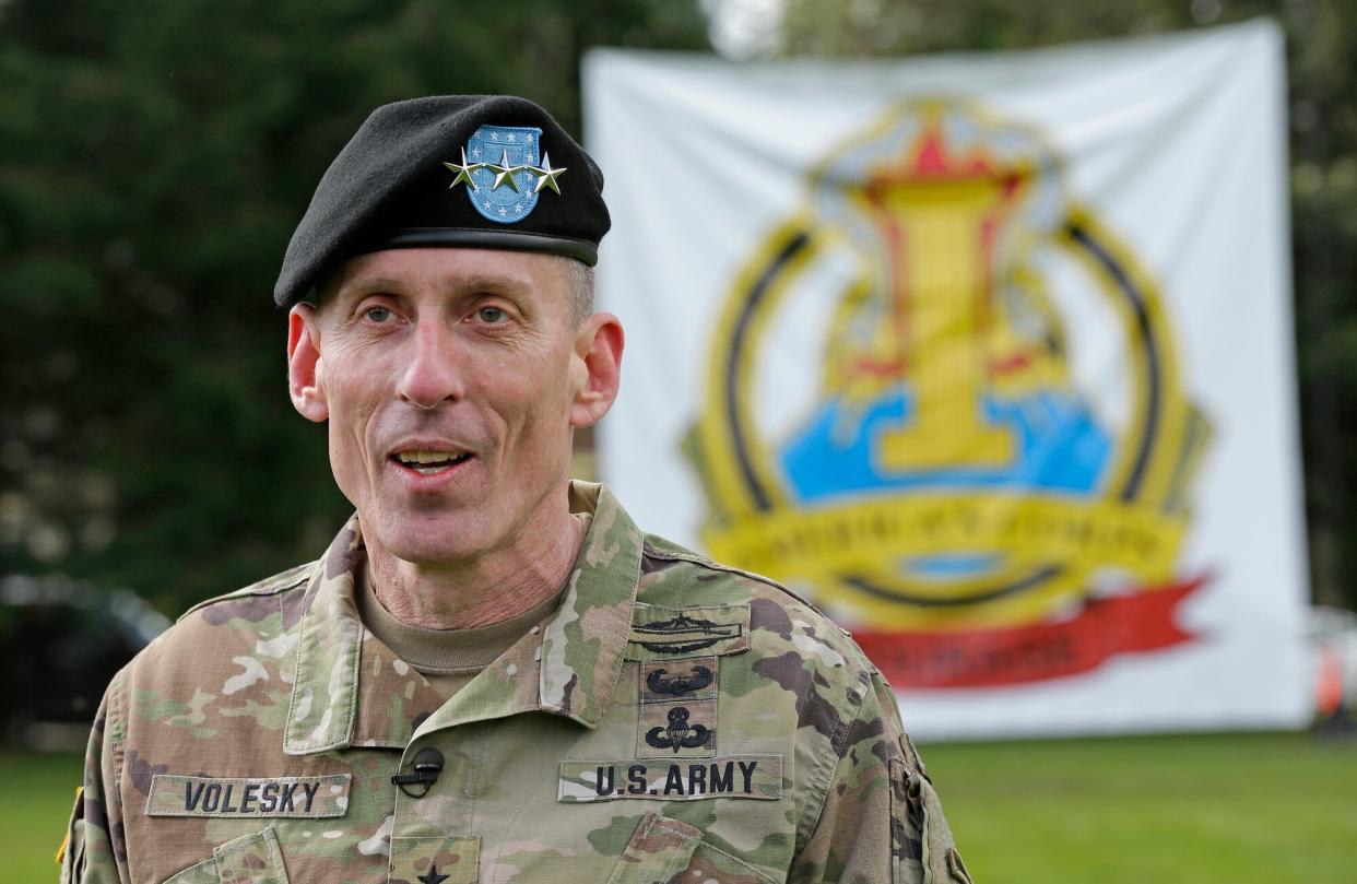 U.S. Army Lt. Gen. Gary Volesky talks to reporters following a change of command ceremony, Monday, April 3, 2017, at Joint Base Lewis-McChord in Washington state. Volesky assumed command of First Corps from Lt. Gen. Stephen Lanza, who has commanded the organization for more than three years.