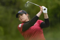 Ariya Jutanugarn, of Thailand, hits off the ninth tee during the first round of the Mizuho Americas Open golf tournament, Thursday, May 16, 2024, in Jersey City, N.J. (AP Photo/Seth Wenig)