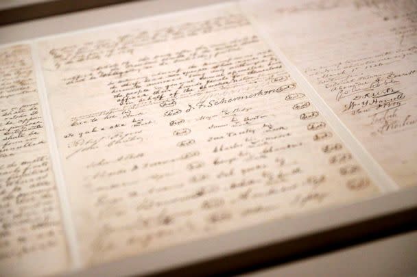PHOTO: Details from the Treaty of New Echota (1835) on display at the Smithsonian's National Museum of the American Indian on Friday, April 12, 2019 in Washington.  (Paul Morigi/AP FILE)