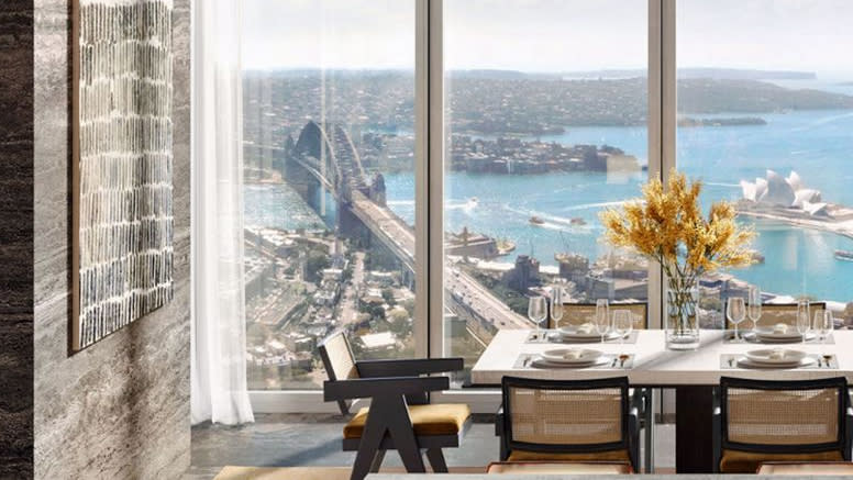 The view out to Sydney Harbour Bridge from the penthouse at One Sydney Harbour building. 