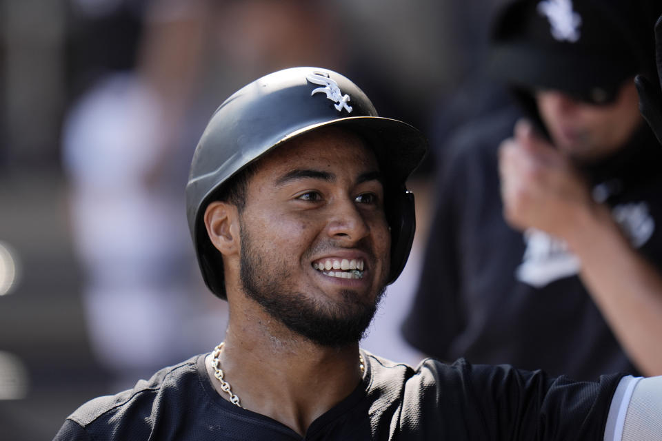 Chicago White Sox's Lenyn Sosa celebrates after scoring on an RBI double by Andrew Benintendi during the second inning of the second baseball game of a doubleheader against the Minnesota Twins, Wednesday, July 10, 2024, in Chicago. (AP Photo/Erin Hooley)