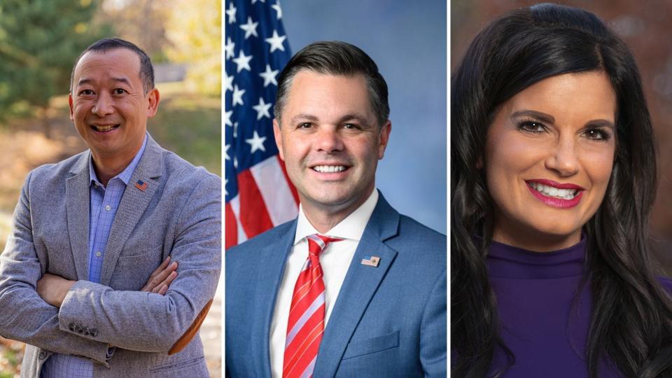 Republican U.S. Rep. Zach Nunn is being challenged for Iowa's 3rd Congressional District seat by Democrats Lanon Baccam, left, and Melissa Vine.