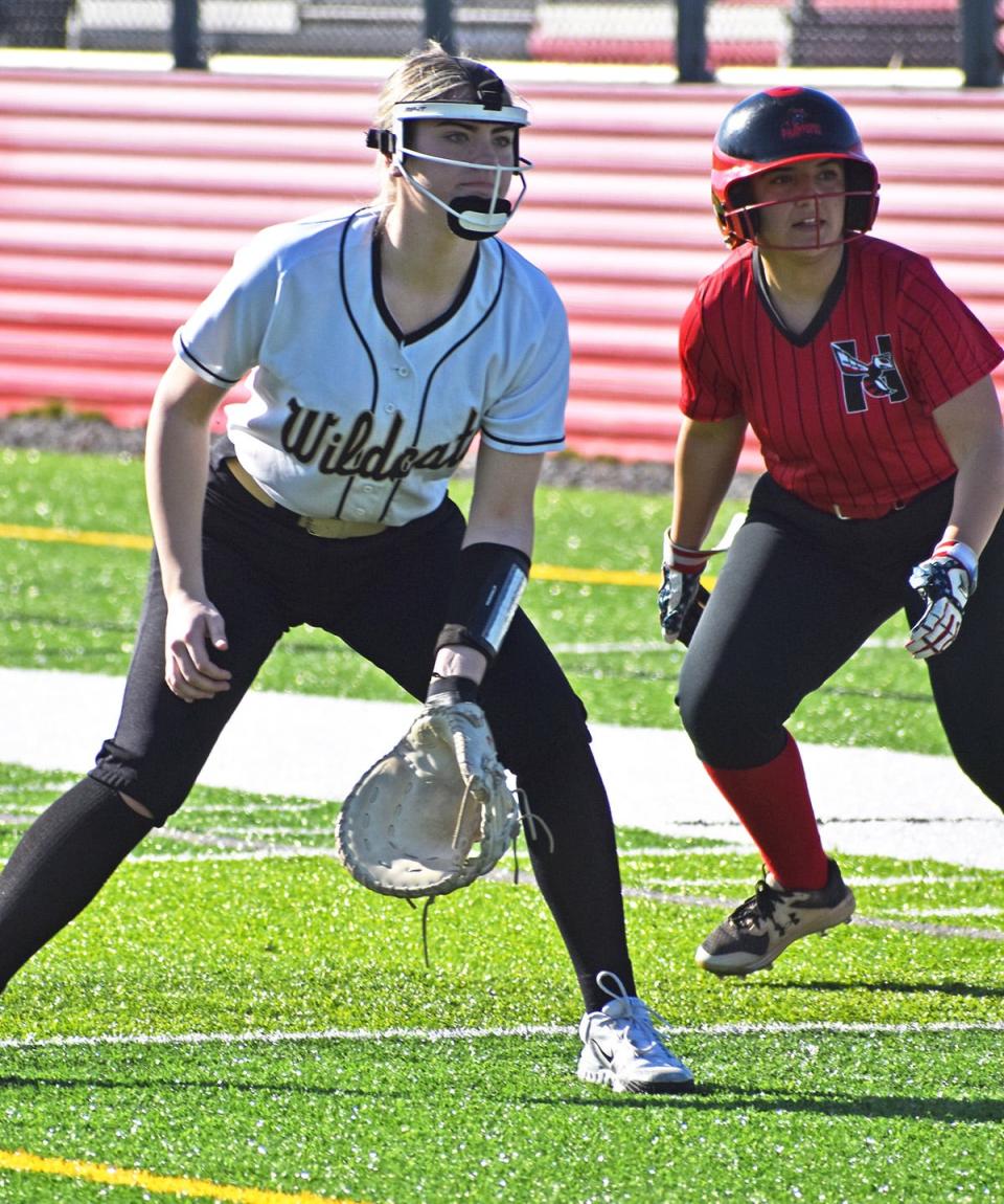 First baseman Hannah DeStefano looks to make a play on the turf against Honesdale in Division II action.
