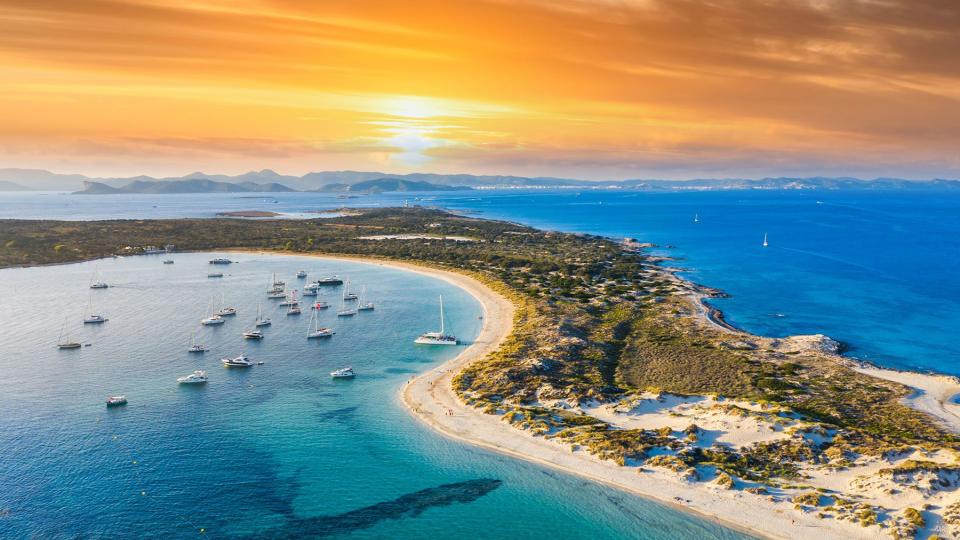 Aerial view of the clear beach and turquoise water of Formentera, Ibiza