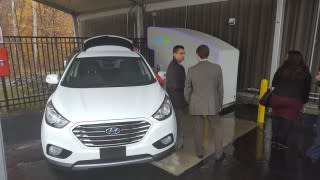 SimpleFuel team demonstrating home hydrogen fuel dispenser with Hyundai Tucson Fuel Cell