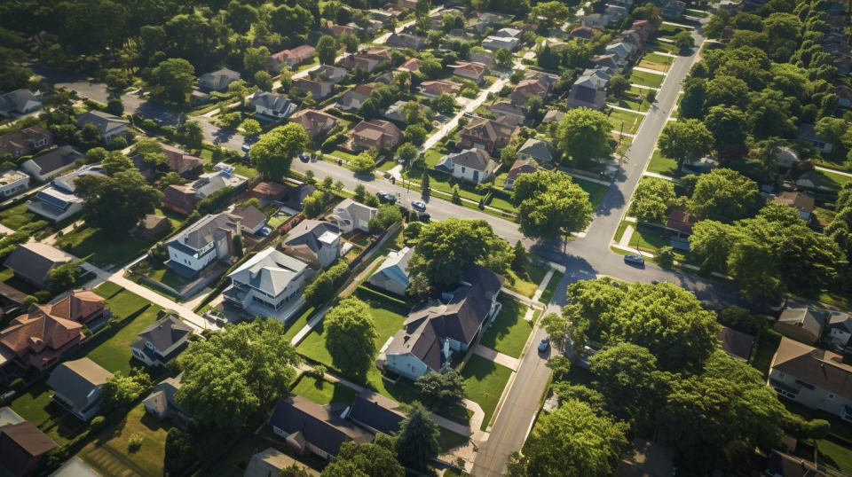 Aerial view of a neighborhood with houses and a real estate brokerage office.