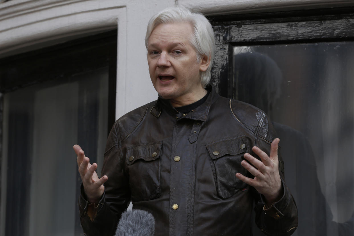 Julian Assange at the Ecuadorian embassy in London in 2017. (Photographer: Luke MacGregor/Bloomberg)