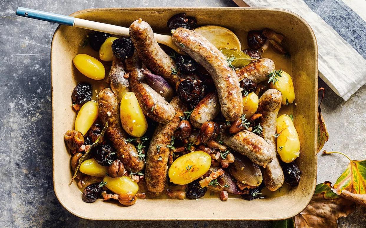 Braised sausages with white wine, chestnuts, prunes and potatoes  - Haarala Hamilton and Valerie Berry