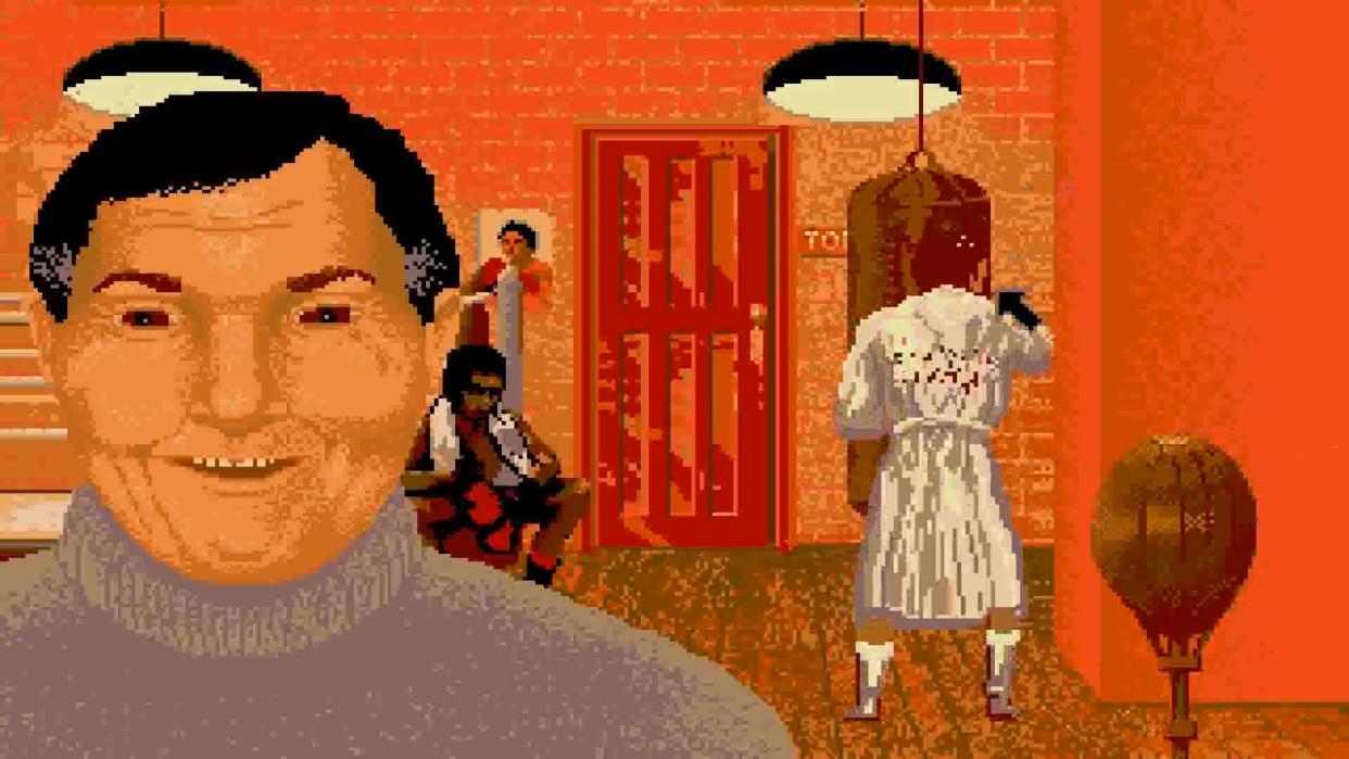  Unsettling VGA graphics face in orange tinted room with robed boxer practicing in background 