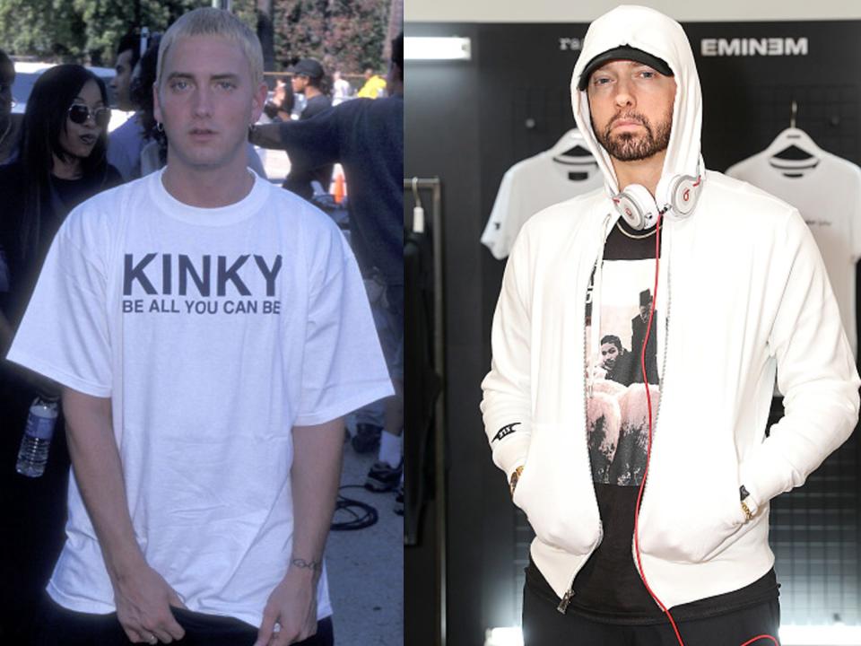 Eminem at the Source Hip-Hop Music Awards in 1999 and at the rag & bone X Eminem London Pop-Up in 2018.