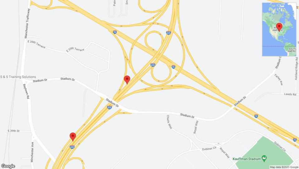 A detailed map that shows the affected road due to 'Broken down vehicle on southbound I-435 in Kansas City' on November 22nd at 9:41 p.m.