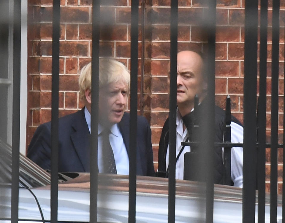 FILE PHOTO dated 03/09/19 of Prime Minister Boris Johnson with his senior aide Dominic Cummings in Downing Street, central London. Lockdown questions continue to bombard the Government with the Prime Minister facing pressure to sack his closest aide after it emerged that he travelled to his parents' home despite coronavirus-related restrictions.