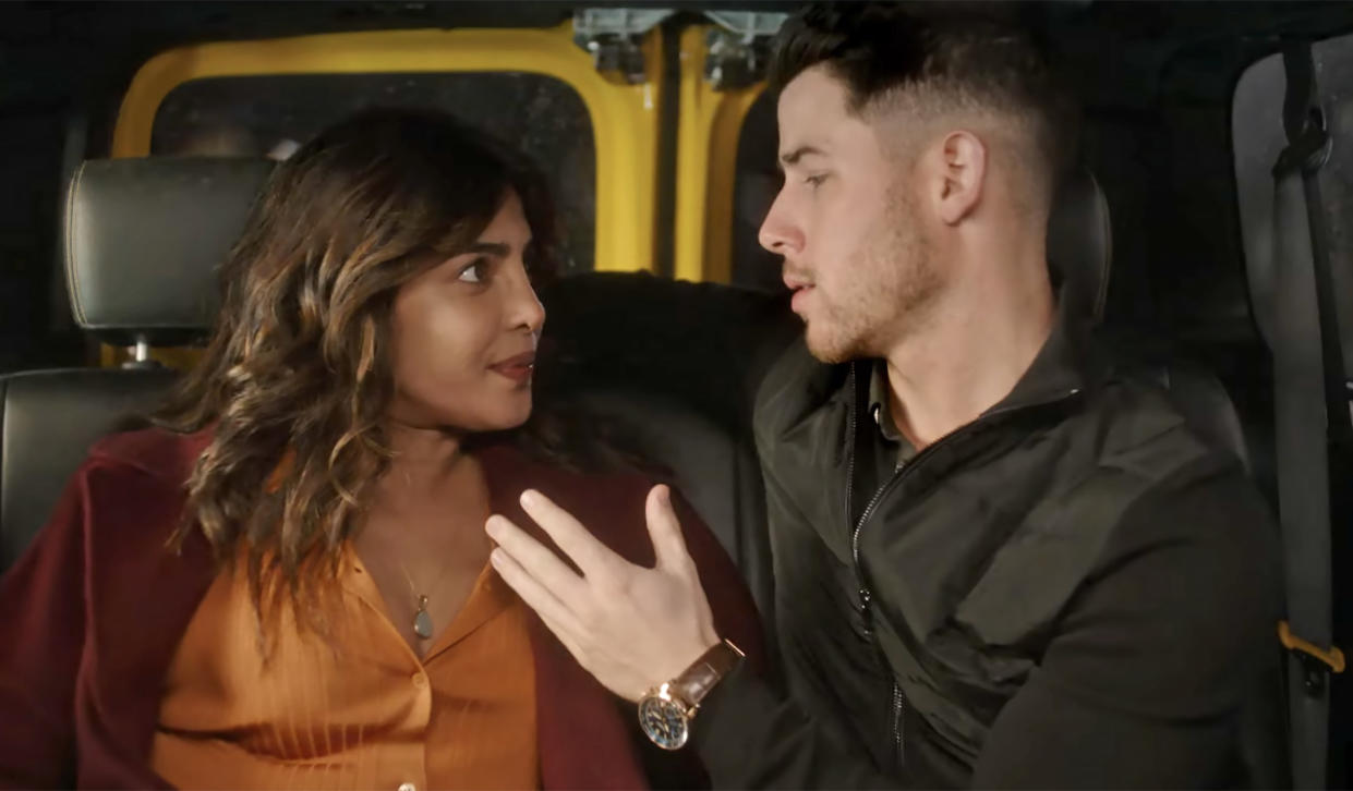 In real life, Chopra Jonas and Nick Jonas are married, but in the film she needs him to slow down. (Sony Pictures Entertainment via YouTube)