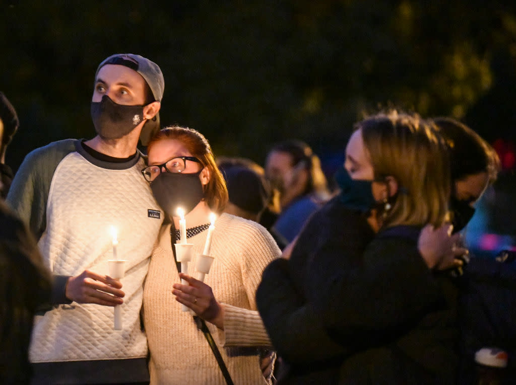 Mourners attend a candlelight vigil for Halyna Hutchins on Oct. 24 in Burbank, Calif. (Photo: Rodin Eckenroth/Getty Images)
