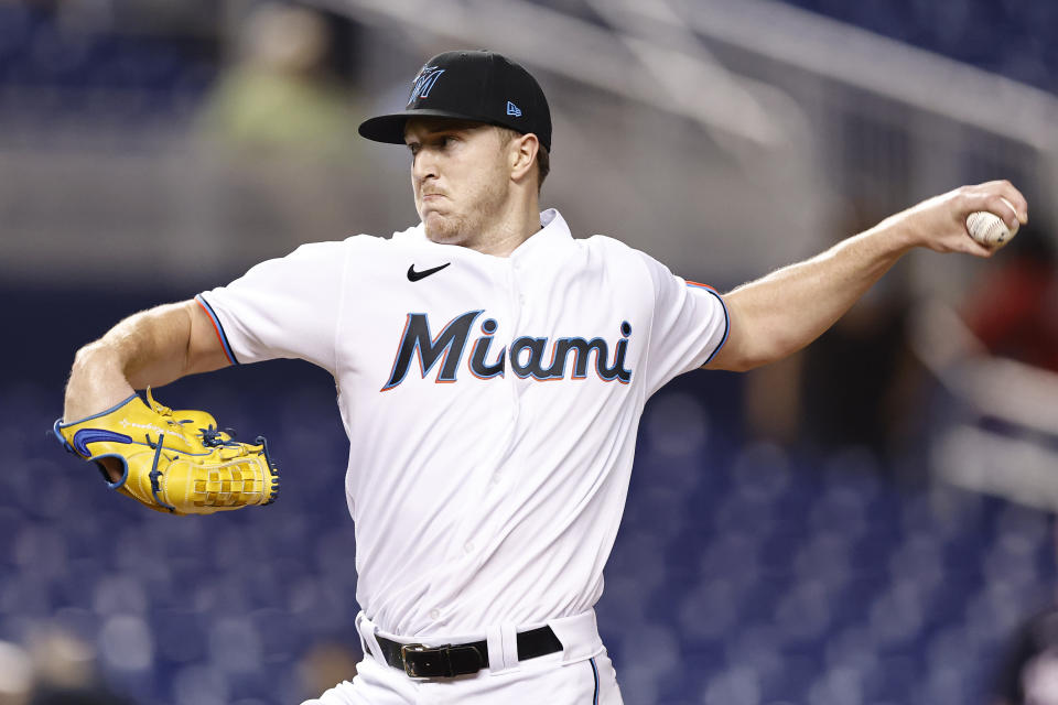 Trevor Rogers #28 of the Miami Marlins is a solid fantasy baseball draft kit