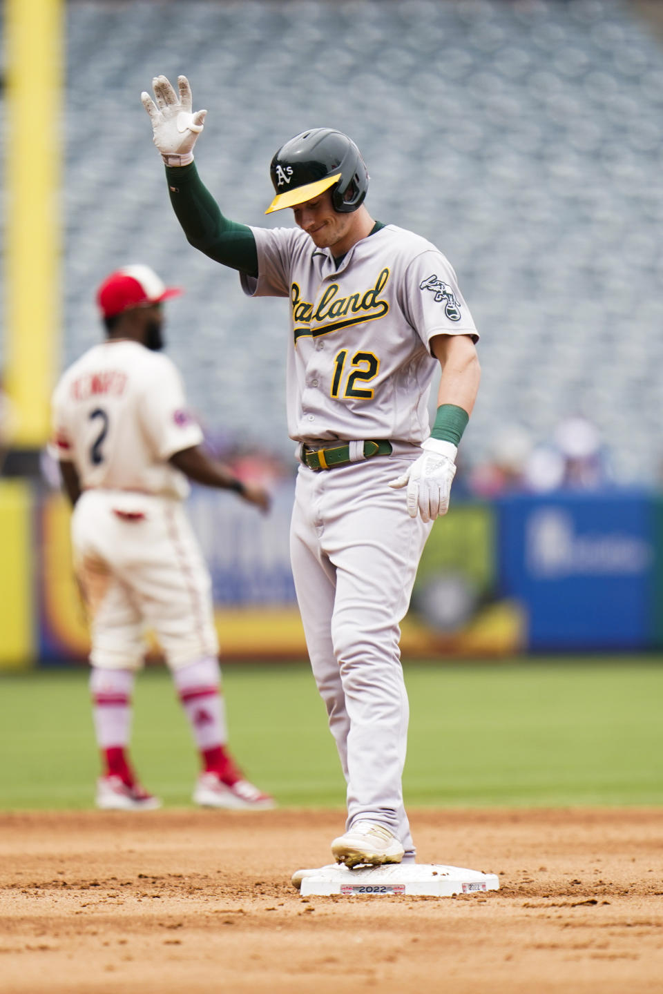 Oakland Athletics' Sean Murphy celebrates his two-run double during the third inning of a baseball game against the Los Angeles Angels, Thursday, Aug. 4, 2022, in Anaheim, Calif. (AP Photo/Jae C. Hong)