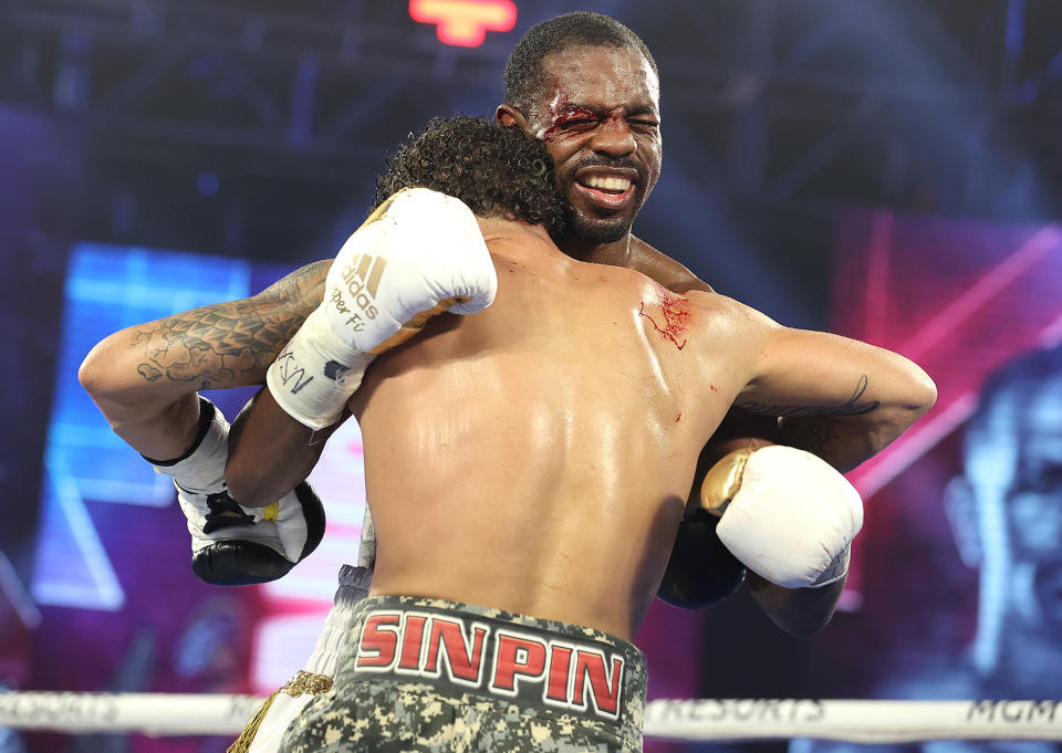 LAS VEGAS, NEVADA - SEPTEMBER 05: In this handout image provided by Top Rank, Jamel Herring fights Jonathan Oquendo during a Jr. Lightweight WBO World Title bout at MGM Grand Conference Center Grand Ballroom on September 05, 2020 in Las Vegas, Nevada. (Photo by Mikey Williams/Top Rank via Getty Images)