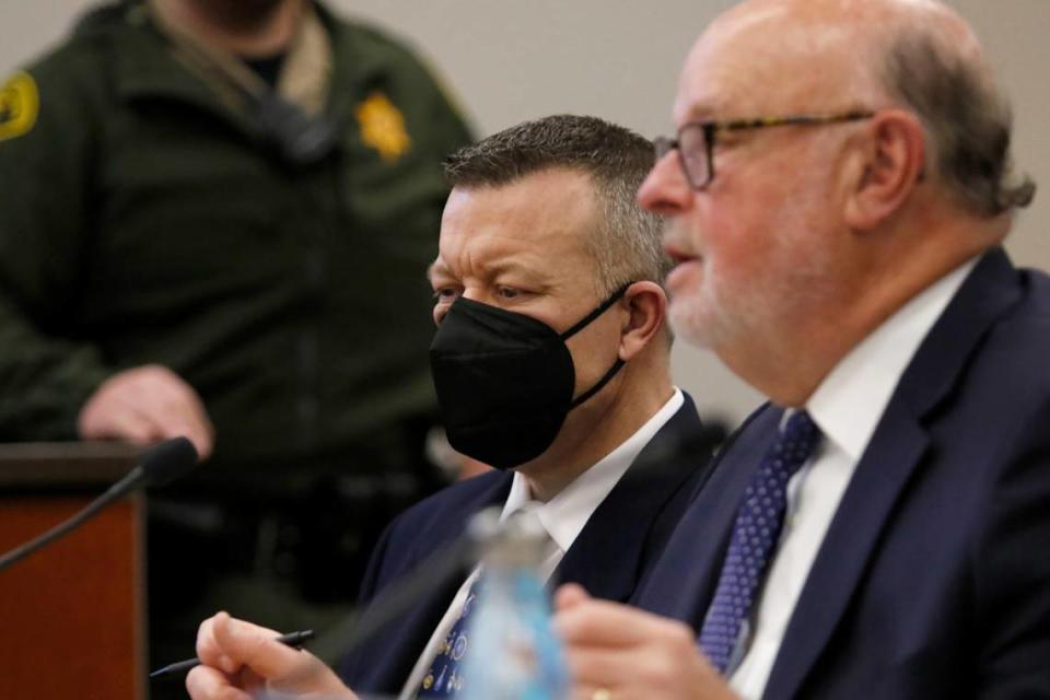 Paul Flores, left, appears with defense attorney Robert Sanger in Monterey County Superior Court in Salinas on Friday, March 10, 2023. A jury convicted Flores of murdering Cal Poly student Kristin Smart.