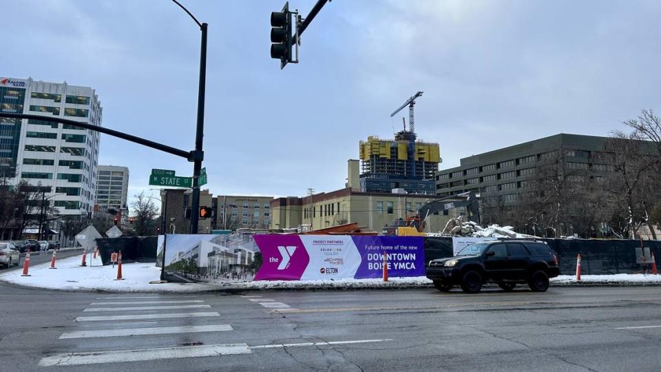 The former Idaho Sporting Goods store in downtown Boise was demolished in January 2024, pictured here, to make room for a new downtown Boise YMCA building. 10th Street can be seen in far left while State Street is at the bottom of this image. Nick Rosenberger