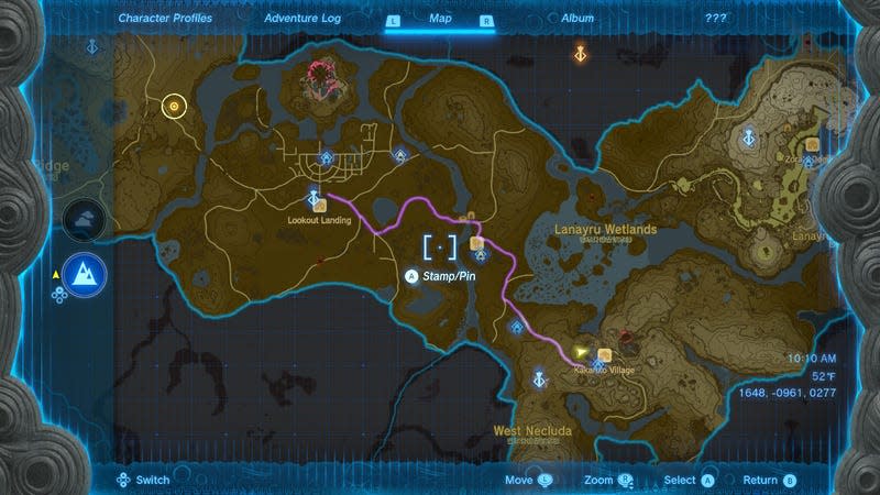 A map of Hyrule shows a highlighted route from Lookout Landing to Kakariko Village.