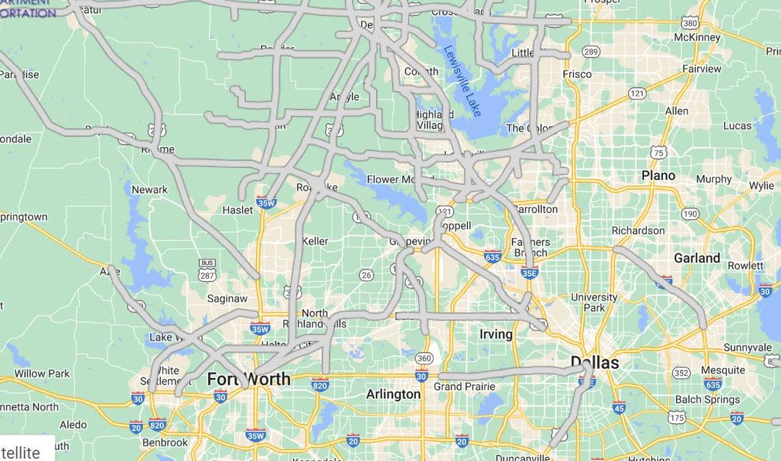 Gray coloration indicates patches of ice and black ice on this Texas Department of Transportation map, as of 12:50 p.m. Monday.